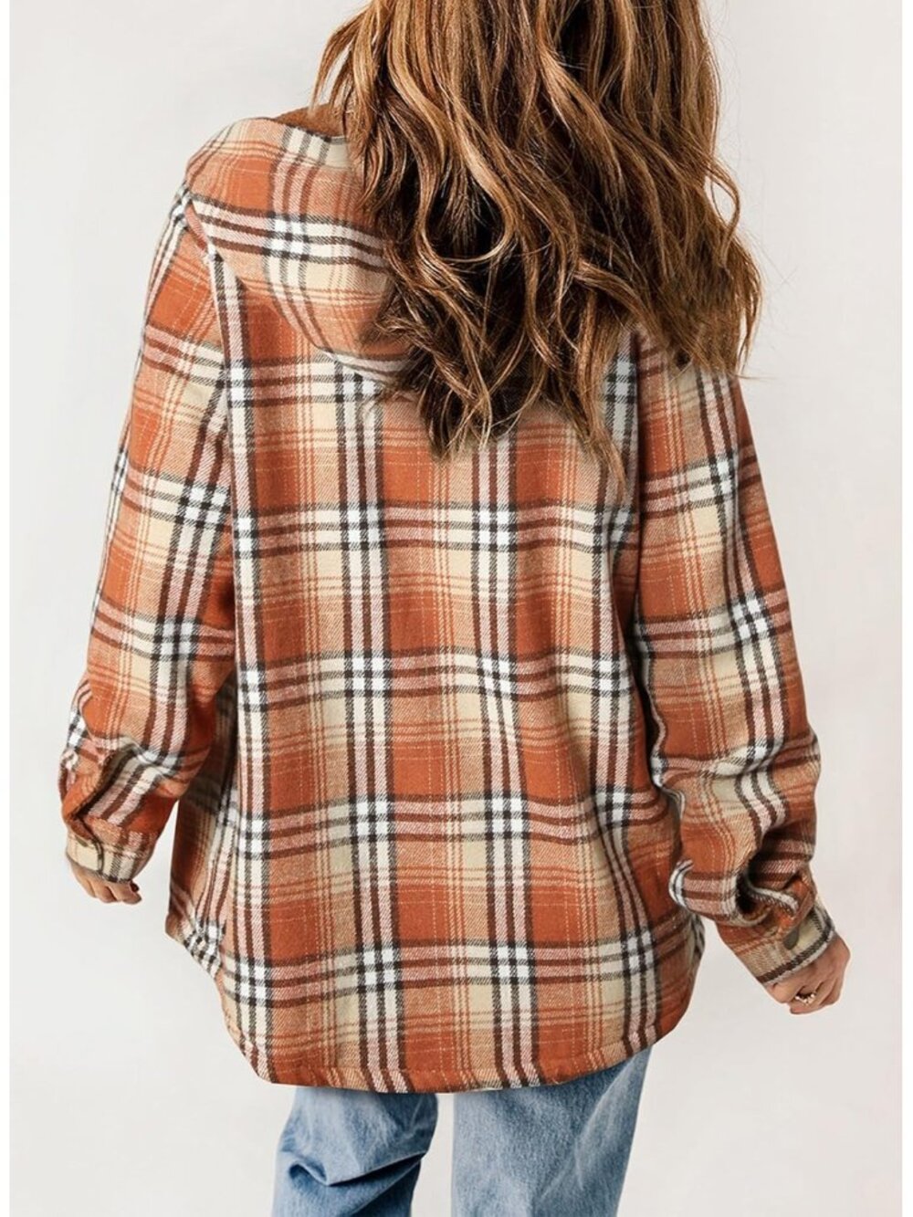 〽️Women's Orange Plaid Fleece Lined Hooded Shacket with Pockets - Picture 3 of 6